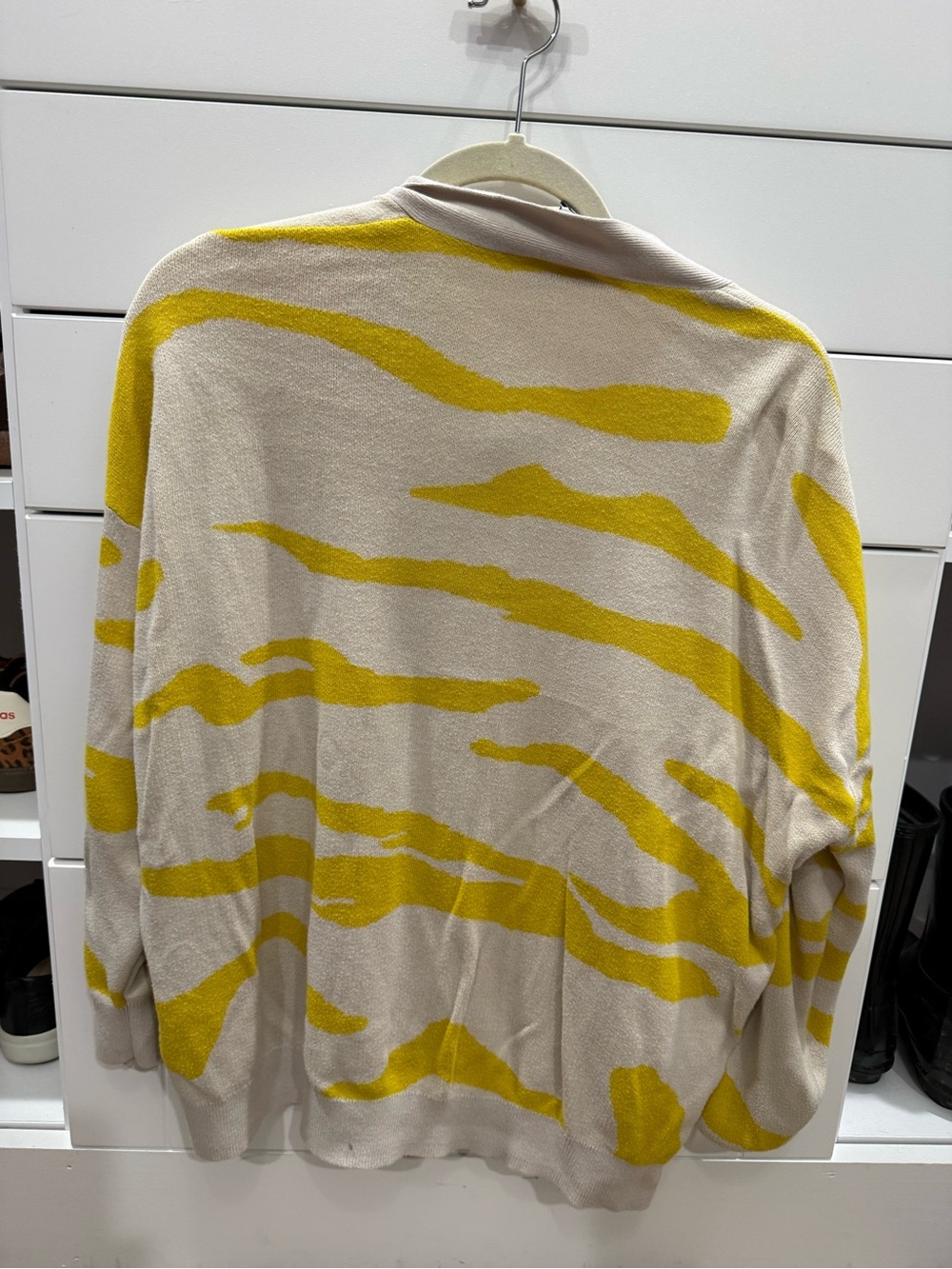 CAbi Beige and Yellow Abstract Stripe Crewneck Sweater